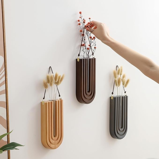 Wood Wall Planter Indoor, Propagation Station, Wooden Hanging Vase for Dried Flowers, Plant Holder, Boho Wall Décor for Living Room Rainbow U Shape (Set of 3)