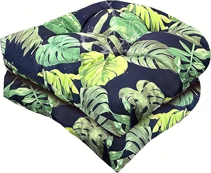 Outdoor Indoor Seat Cushion 18"x18" Waterproof Floral Patio Chair Pads Tatami Floor Pillow for Dining Garden Balcony Office Decor Navy Green, Set of 2
