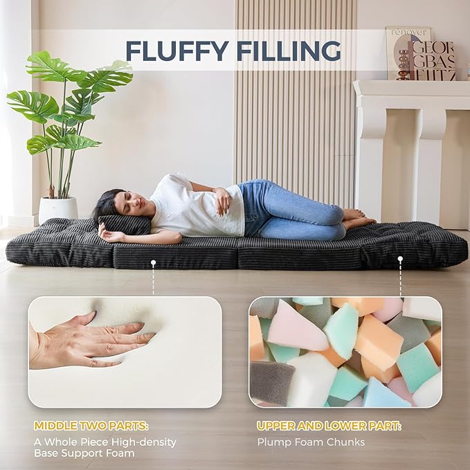 MAXYOYO Folding Sofa Bed, Tufted Bean Bag Bed with Pillows Floor Mattress for Adults, Extra Thick and Long Floor Sofa, Single Couch for Bedroom Living Room, Dark Grey, 30x91 Inch