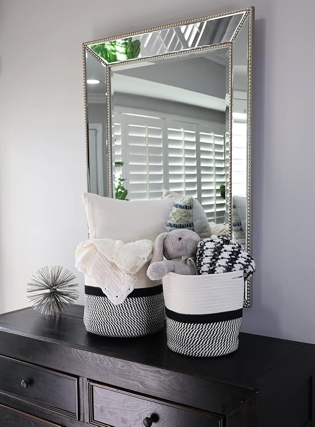 Decorative Baskets for Plants| 9- & 11-inch Pots for Indoor Plants | Floor Planter Pot Cover | Rope Plant Basket for Indoor (Medium 11" Round, Ivory/Black)