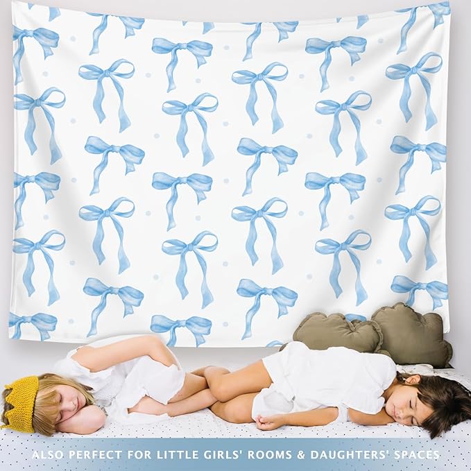 LIANGW Light Blue Coquette Trendy Preppy Wall Tapestry – Blue Bow Aesthetic Hanging Tapestry for Girls Bedroom or Dorm Room Decor,Based Blue Room Decor Aesthetic 50x60 Inch