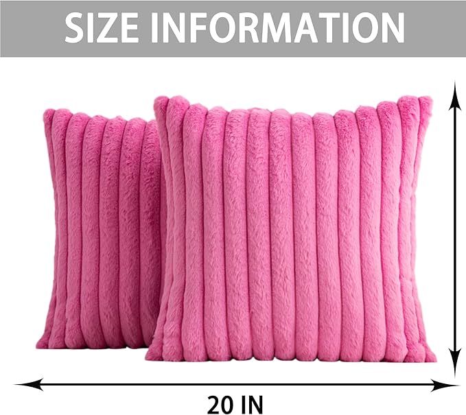 Pack of 2 Faux Fur Christmas Throw Pillow Covers 20x20 Inch, Soft Plush Striped Neutral Couch Pillow Cover, with Velvet Back Modern Home Decor for Sofa Living Room Couch Bed Hot Pink