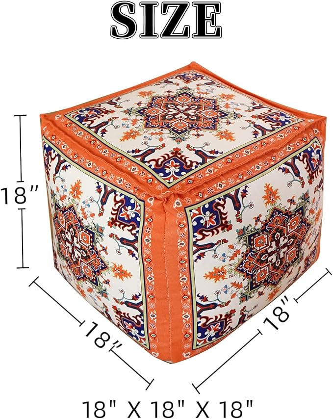 Unstuffed Pouf Cover Ottoman Footrest Bohemian Chenille Foot Stool Floor Bean Bag 18x18x18 Inches for Living Room Bedroom Home Decor (Orange, Cube)
