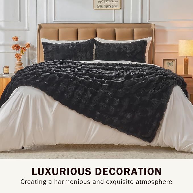 EMME Faux Fur Blanket Twin Size Black - Big Bubble Rabbit Cozy Blanket for Couch, Thick Furry Plush Shaggy Blankets, 650GSM, 60x80 Inches
