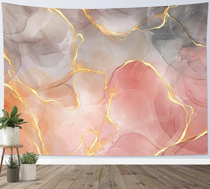 LB Pink Marble Tapestry for Bedroom Grey Geometric Gold Striped Tapestry Wall Hanging Abstract Minimalist Backdrop Wall Art Decor for Living Room College Dorm,92Wx70.5H inch