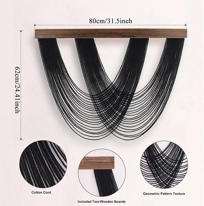EOBTAIN Large Macrame Wall Hanging Black Yarn Tassel Woven Tapestry with Wood Board,Handmade Boho Wall Decor for Bedroom Apartment Balcony Living Room Decorations,31.5x24.4 Inch