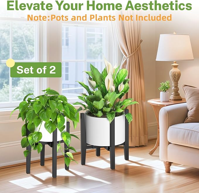 iDavosic.ly Adjustable Plant Pot Stand 2 Pack Indoor Outdoor, Mid Century Modern Bamboo Short Single Flower Holder Fits 8 to 12 Inch Large Heavy Duty Planter (Not Included) | Black