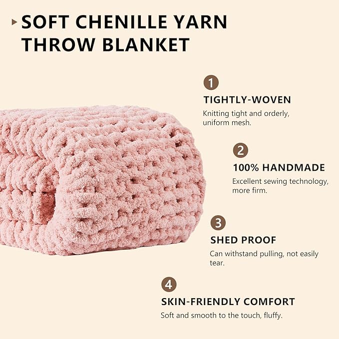 L'AGRATY Chunky Knit Blanket Throw: 72''x84'' Chenille Chunky Knitted Throw Blanket for Bed Couch - Handmade Thick Big Cable Knit Blanket - Large Chunky Crochet Rope Blanket for Home Decor(Pink)