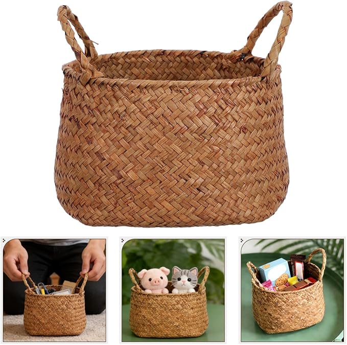 DOITOOL Japanese Style Woven Storage Basket with Handles 7.67X6.49X6.29In Multifunctional Organizer for Cosmetics Desktop Flowers and Sundries