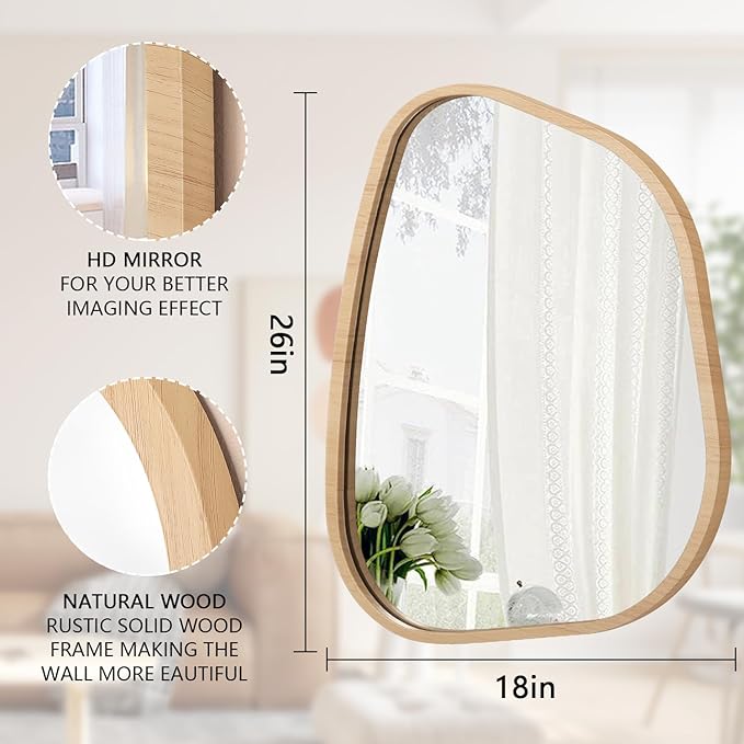 Irregular Bathroom Mirror Modern Wall Mirror Asymmetrical Wooden Framed Wall Mirror Unique Shape Wall Mounted Vanity Artistic Mirror Decor for Living Room Bedroom Entryway Large 26"x18"
