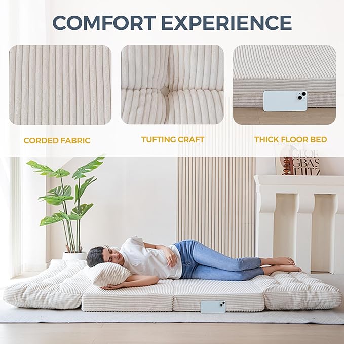MAXYOYO Folding Sofa Bed, Tufted Bean Bag Bed with Pillows Floor Mattress for Adults, Extra Thick and Long Floor Sofa, Twin Floor Couch Bed for Bedroom Living Room, Beige, 39x91 Inch
