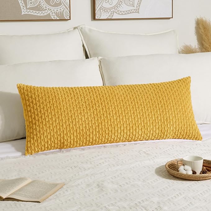 Kevin Textile 20x54 Inch Long Body Lumbar 1 Pack Boho Decorative Throw Pillow Cover Soft Striped Corduroy Rectangle Cushion Case Farmhouse Accent for Living Room Couch Sofa Bed, Mustard Yellow