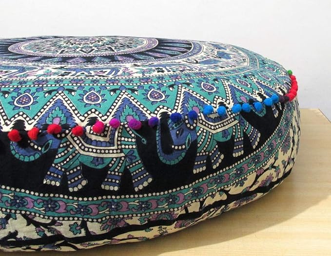 ICC Large Hippie Mandala Round Floor Pillow Cover Ottoman Pouf Cover Daybed Oversized Cotton Cushion Cover with Heavy Duty Zipper Seating Ottoman Poufs Dog-Pets Bed (Green Deer, 35" Round)