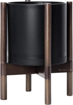 D'vine Dev Planter Pot with Stand - 10 Inch Plastic Cylinder Flower Pot with Wood Planter Holder for Indoor, Matte Black Pot + Walnut Color Stand, 55-C-L-2