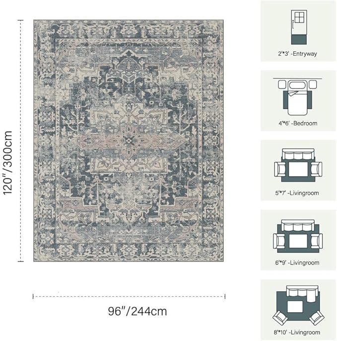 8x10 Area Rugs for Living Room Bedroom, Large Washable Rug, Blue Vintage Retro Boho Rug, Non Slip & Low Pile Faux Wool Thin Carpet for Indoor Dining Room and Kids Room(Blue 8x10ft)