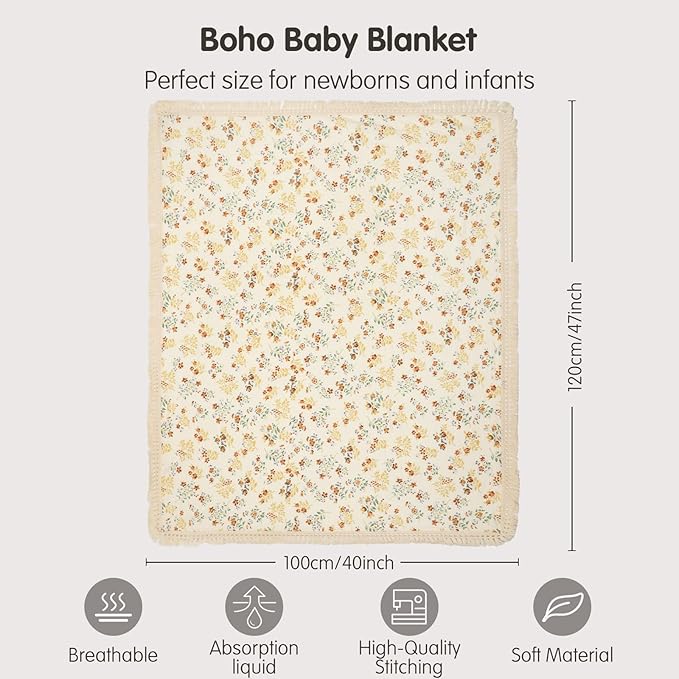 insular Cotton Muslin Baby Blanket with Tassel, Boho Bohemian Muslin Swaddle Blanket Baby Receiving Blanket with Fringe, Nursery Decor Throw or Nursing Blankets, 47" x40”, Flower