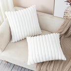 ZLINA Set of 2 Cream White Faux Fur Decorative Throw Pillow Covers Fluffy Striped Pillowcase Cushion Covers 18 x 18 Inch Decor Sofa Couch Bedroom