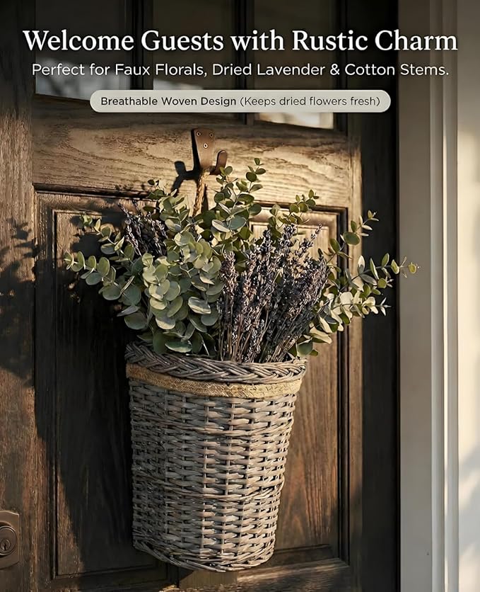 AceList 2-Pack Woven Wicker Wall Hanging Baskets, Grey Willow Wall Pocket Decor for Faux Florals & Storage - Two sizes Nesting Farmhouse Baskets for Entryway, Living Room & Door