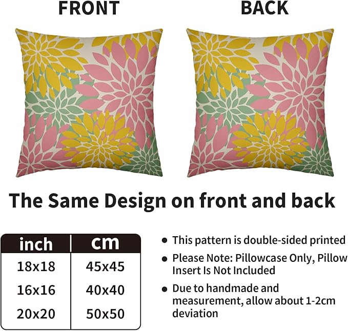 Yellow Pink Green Spring Floral Pillow Covers 20X20 Inch Set of 2, Colorful Easter Themed Colored Flower Decorative Throw Pillow Covers Outdoor Farmhouse Cushion Case for Couch Sofa Bed Decor