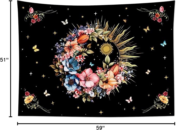 EOBTAIN Sun and Flower Tapestry Retro Hippie Plant and Butterfly on Black Wall Tapestry Abstract Boho Botanical Aesthetic Tapestries Wall Hanging Decor for Living Room Bedroom 59"x51"