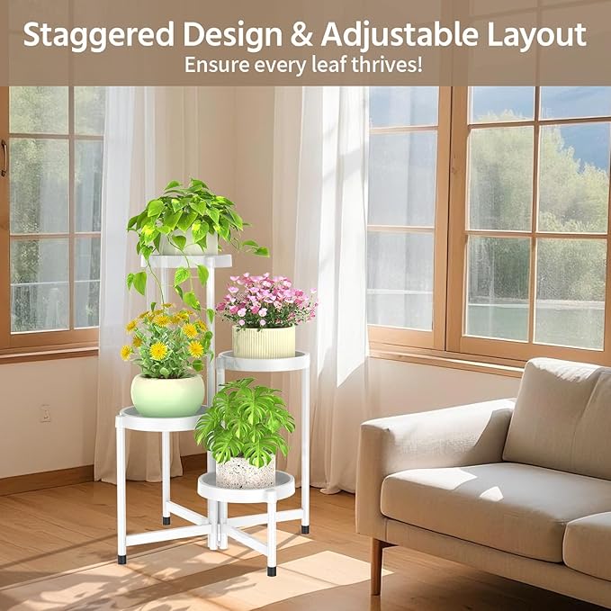 LASZOLA 4 Tiered Plant Stand Indoor Outdoor with Plastic Tray, Corner Folding Tall Flower Display Rack, Modern Plant Holder Shelf for Outdoor Patio Porch Garden Office Living Room, White