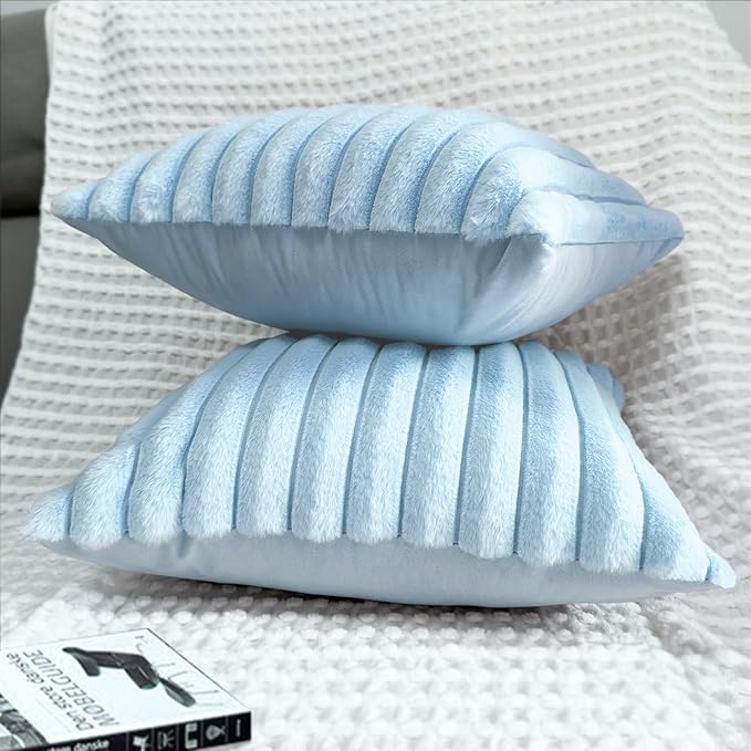 2 Pack 24x24 Pillow Cover Velvet Pillow Covers, Faux Fur Square Throw Pillow Covers for Living Room Decorations Throw Pillow Case, Throw Pillow Cover Cushion Cover for Sofa Bedroom Car, Light Blue