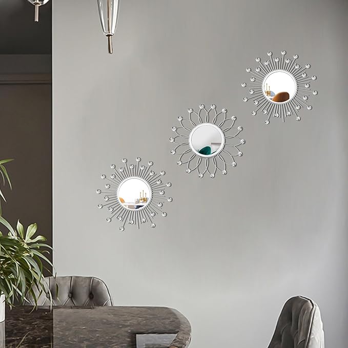 3 Pack Metal Mirrors for Wall Sunburst Wall Mirrors Home Décor Decorative Hanging Wall Art for Living Room Bedroom Entryway (Silver Crystal, Flower+Sunburst)