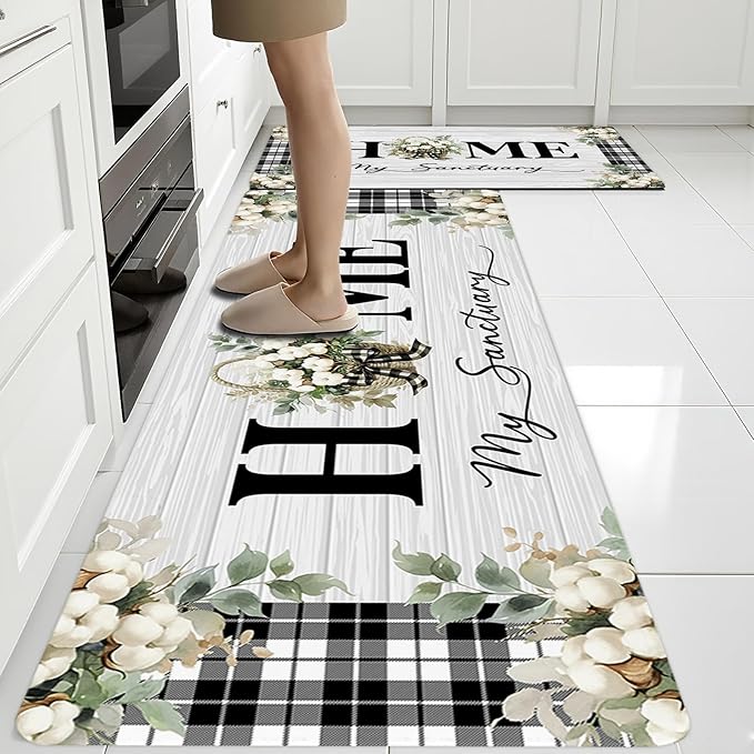 Farmhouse Rugs for Kitchen Floor,Man Anti Fatigue Mats for Kitchen Floor Non Slip, 2PCS Rubber Kitchen Mat, Washable Cushioned Runner Carpet Rug for Sink Laundry 15.7"×27.5" +15.7"×47" 3.5mm