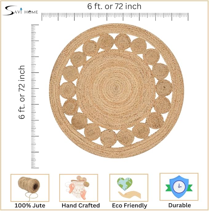 Savi Home Hand Woven Jute Braided Dot Rug, 6' Round - Natural, Reversible Area Rugs for Living Room, Farmhouse, Kitchen, Handcrafted 6 Feet Round Area Rugs - Natural