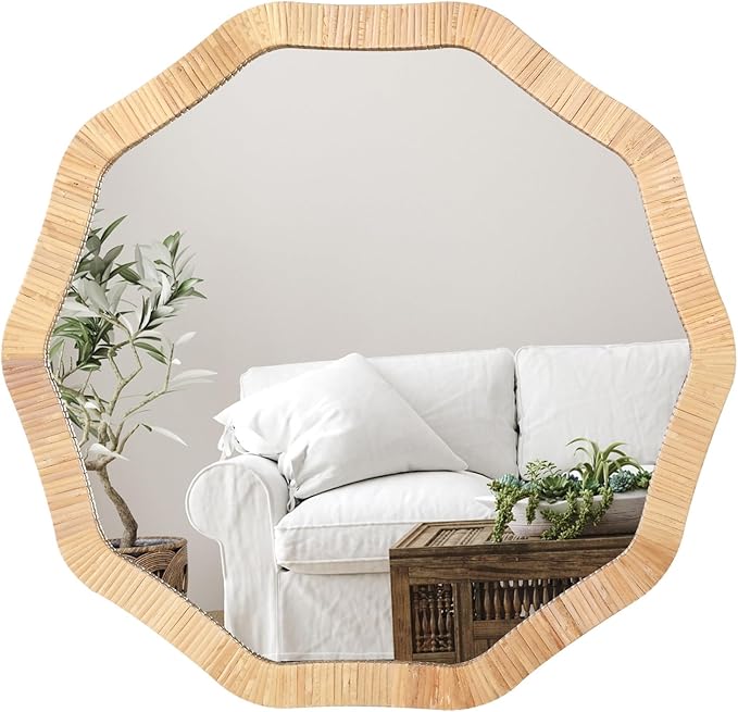 ULIKE Rattan Wicker Mirror for Bathroom, 30 Inch Boho Woven Decorative for Wall, Rustic Farmhouse Vanity Mirror, Large Geometric Rattan Mirrors for Living Room Entryway Bathroom Bedroom