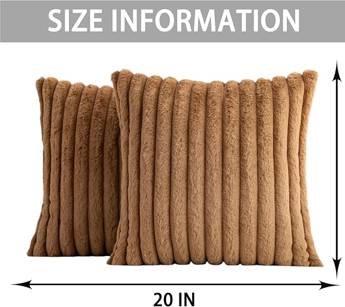 Pack of 2 Faux Fur Christmas Throw Pillow Covers 20x20 Inch, Soft Plush Striped Neutral Couch Pillow Cover, with Velvet Back Modern Home Decor for Sofa Living Room Couch Bed Coffee