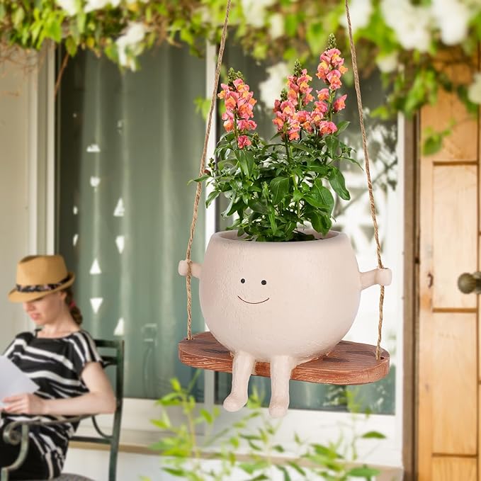 Cute Smiley Face Hanging Planter Pot - Adorable Indoor/Outdoor Flower Plant Holder with Drainage Hole - Perfect for Home, Garden, Office Decor