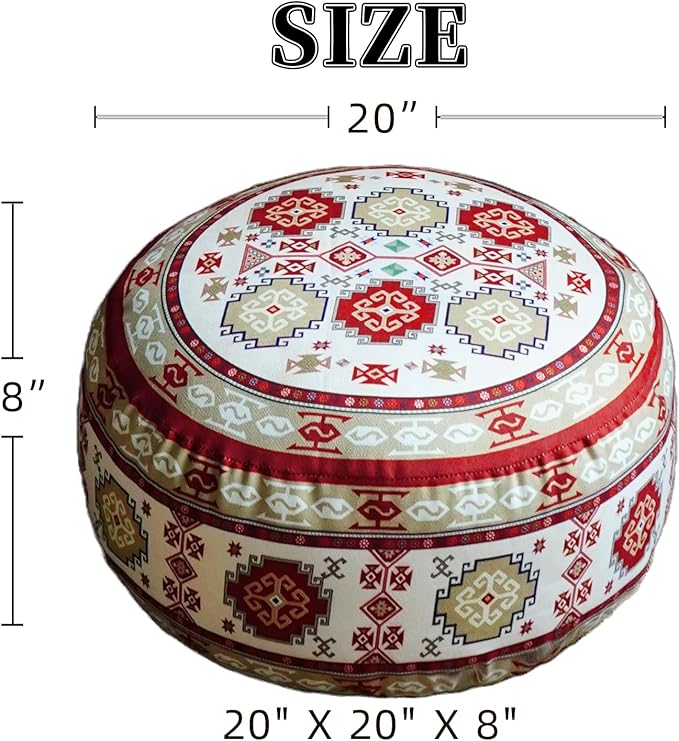 Unstuffed Pouf Cover Ottoman Footrest Bohemian Chenille Foot Stool Floor Bean Bag 20x8 Inches for Living Room Bedroom Home Decor (Red, Round)