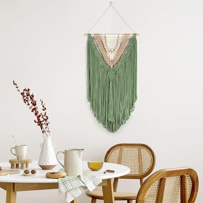 EOBTAIN Green Macrame Wall Hanging Boho Home Decor,Handmade Craft Handwoven Tapestry for Gallery Nursery Living Room,Natural Cotton Cord and Wood Beads Tassel Bohemian Art Decoration,30 Inch