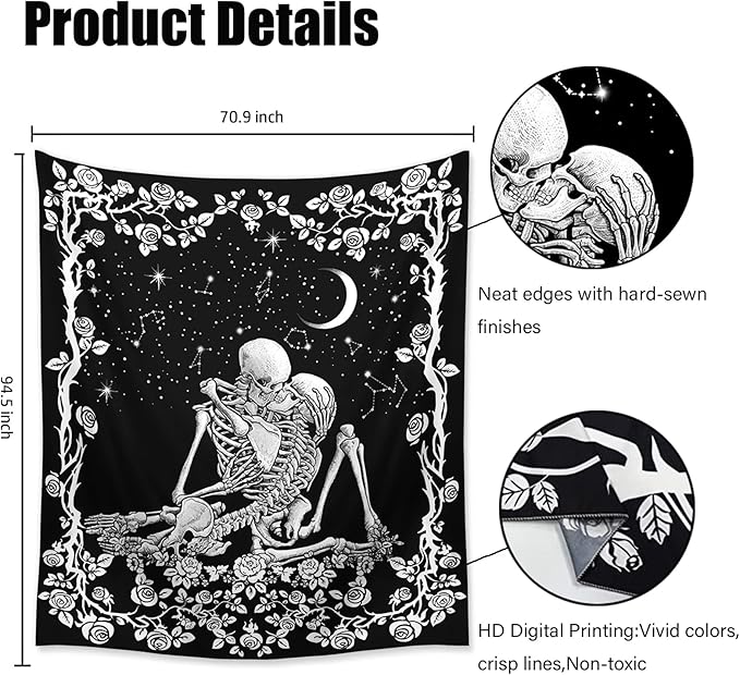 Wonrizon The Kissing Lovers Skull Tapestry,Black and White Romantic Constellation Skeleton Tapestries Wall Hanging decor for Living Room Bedroom (70.9" x 94.5")