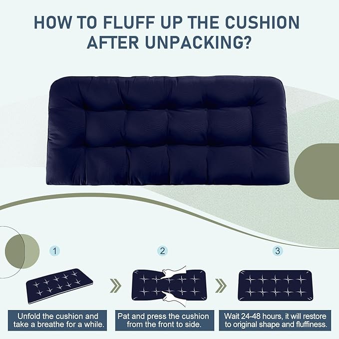 downluxe Outdoor Bench Cushion for Patio Furniture, Water Resistant Tufted Overstuffed Porch Swing Cushions, Thick Outdoor Loveseat Cushions, 48" X 18" X 5", Navy, Set of 1