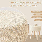 Cpintltr Footstool Ottoman Round Natural Seagrass Foot Stool Pouf Ottomans with Solid Wood Legs Hand Weave Footrest Step Stool for Living Room Bedroom Balcony Garden Natural