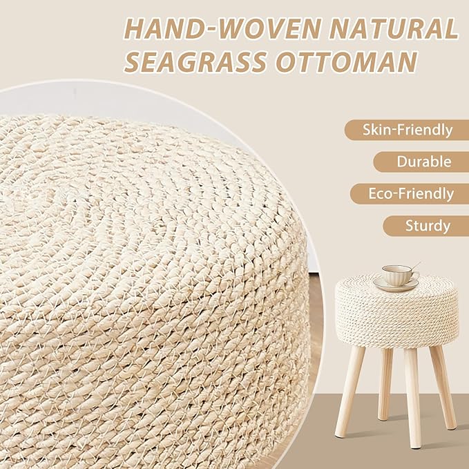 Cpintltr Footstool Ottoman Round Natural Seagrass Foot Stool Pouf Ottomans with Solid Wood Legs Hand Weave Footrest Step Stool for Living Room Bedroom Balcony Garden Natural