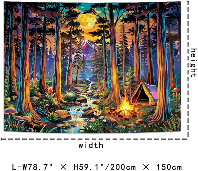 Racunbula Blacklight Fantasy Forest Tapestry UV Reactive Galaxy Space Moon Tapestry Trippy Pine Trees Wall Tapestries Nature Landscape Mountain River Tapestries Wall Hanging for Bedroom
