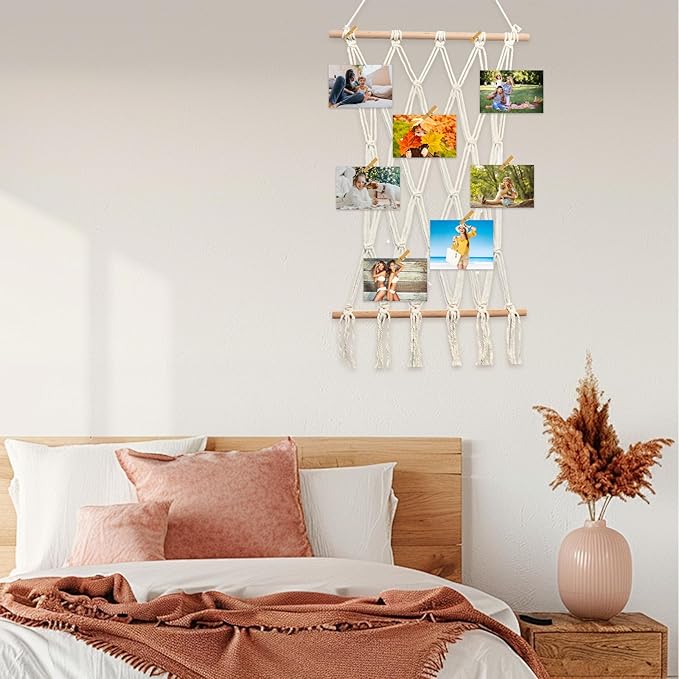 Hanging Photo Display Wall Decor Macrame Wall Hanging Boho Collage Picture Frames Decor for Dorm Bedroom Living Room Teen Girl Gifts-B