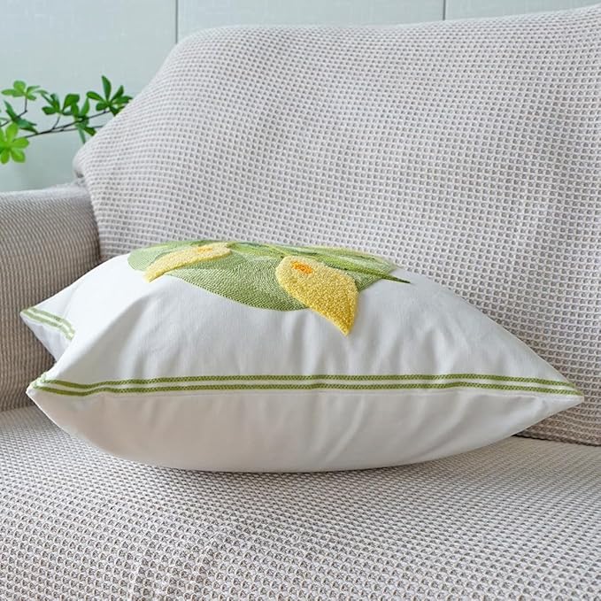 vctops Farmhouse Calla Lily Cotton Tufted Throw Pillow Cover Spring Floral Embroidery Pillowcase Soft Square Cushion Case for Sofa Couch Bed Chair (Yellow C,18"x18")