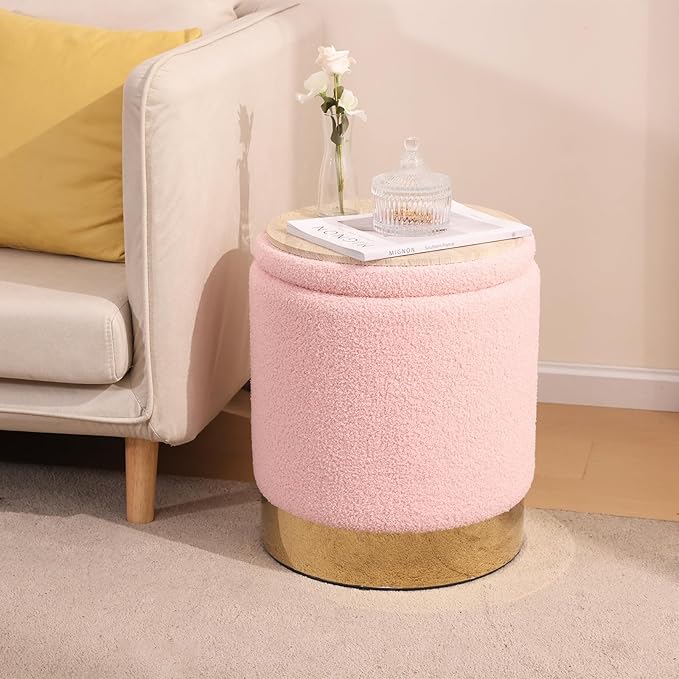 Sherpa Round Ottoman Set of 2 with Storage, 12 Gallon Hidden Storage Ottoman, Multi-Functional Footrest Stool, Vanity Seat, Coffee Table, No Assembly Required, Holds 300lbs (Teddy Pink)