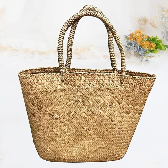 Cabilock Woven Tote Woven Bag Basket Tote Wicker Bag Seagrass Basket Garden Plant Container for Storage Laundry Picnic Beach Storage Bins Toys