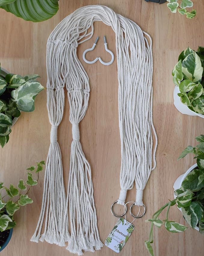 2 Pack Macrame Plant Hanger 47 Inches,Indoor Plant Hanger with Tassel for Boho Home Decor, Hanging Plant Holder with 2 Hooks (Ivory)