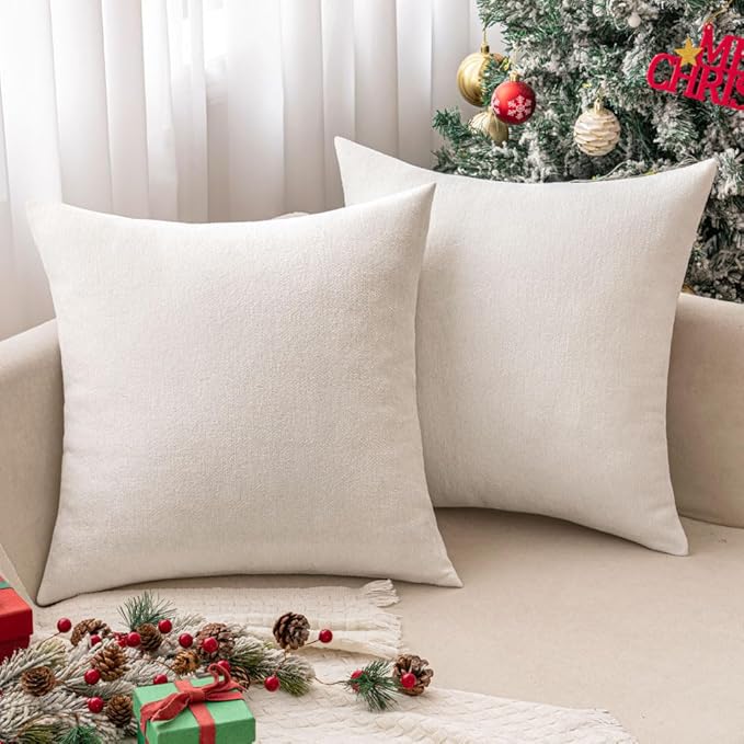 MIULEE Pack of 2 Pure White Decorative Pillow Covers 20x20 Inch Soft Chenille Couch Spring Throw Pillows Farmhouse Cushion Covers for Home Decor Sofa Bedroom Living Room