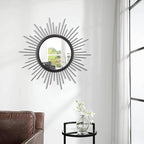 Sunburst Wall Mirror, Black Large Spoked Wall Decor Mirror Bohemian Home Round Modern Metal Wall Art Mirror for Living Room Hallway Bedroom Bathroom 24" x 24"