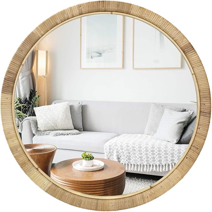 Rattan 24in Round Wall Mirror, Natural Rattan Frame Boho Mirror for Farmhouse Bedroom Checkroom Livingroom Decor