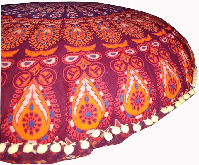 ICC 32" Indian Mandala Ottoman Throw Pouf Cover Seating Ottoman Cover Ethnic Cushions Bohemian Decor Fall Decor Pouf Case Decorative Footstool Round Floor Maroon