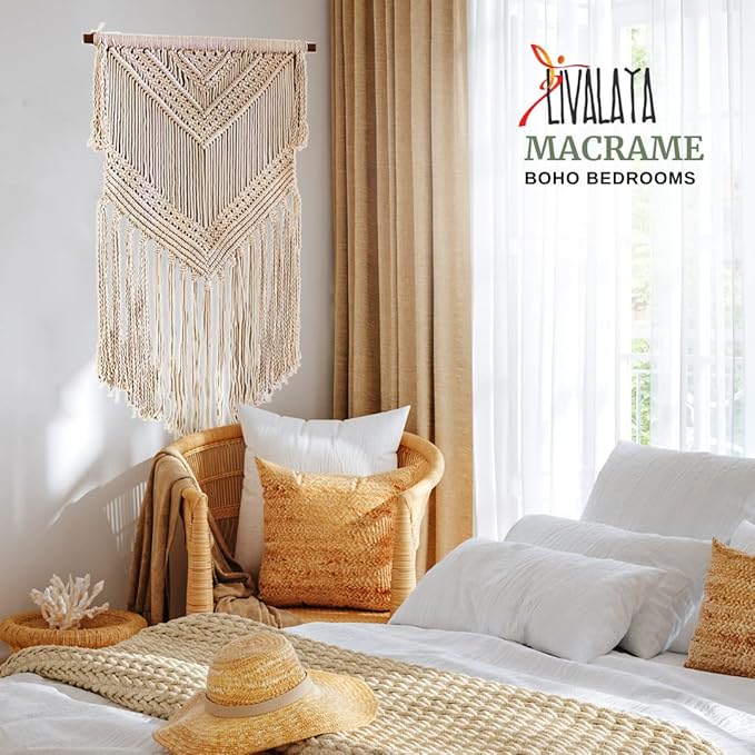 Livalaya Boho Macrame Woven Wall Hanging Beige 16 in x 36 in Modern Bohemian Tapestry wall Art Decor for House, Apartment, Dorm, Bedroom, Nursery, Party Decorations, Wedding, Wall Ornament