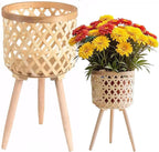 Boho Rattan Plant Stand Set of 2 – Handwoven Tall Elevated Wicker Plant Baskets for Indoor Plants, Mid-Century Modern Wooden Planter Holder with Tripod Legs, Farmhouse Home Decor